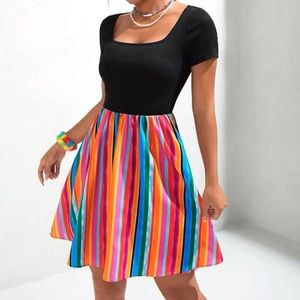 SHEIN Multicolored Striped Black Rib-Knit Square Neck Dress L